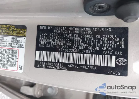 2005 Toyota Camry Le from USA, damaged, VIN 4T1BE32K65U048561